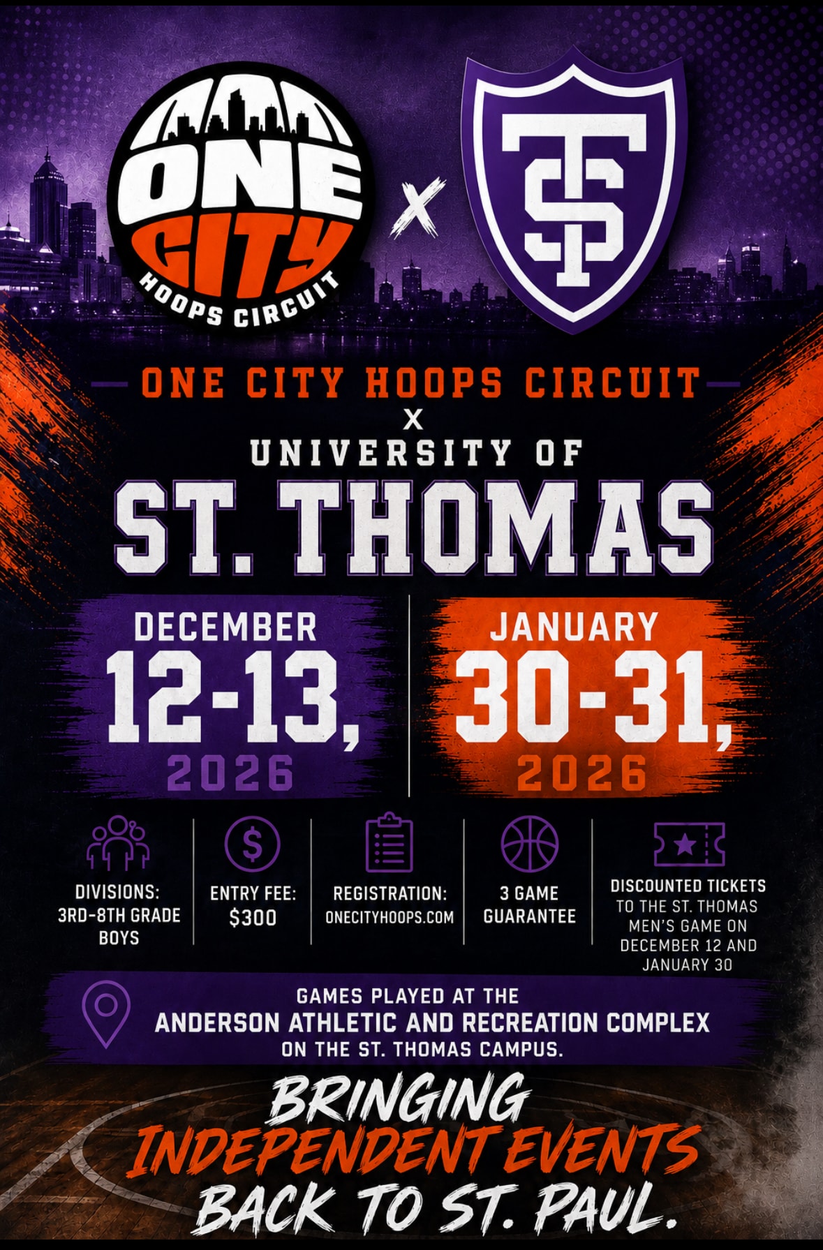 One City Hoops Circuit × University of St. Thomas partnership flyer